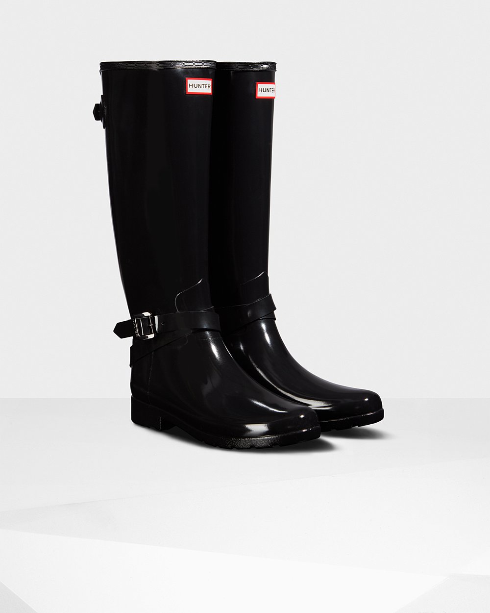 Bottes Hautes de Pluie Hunter Refined Adjustable Gloss Femme Noir XSVWRIL-74